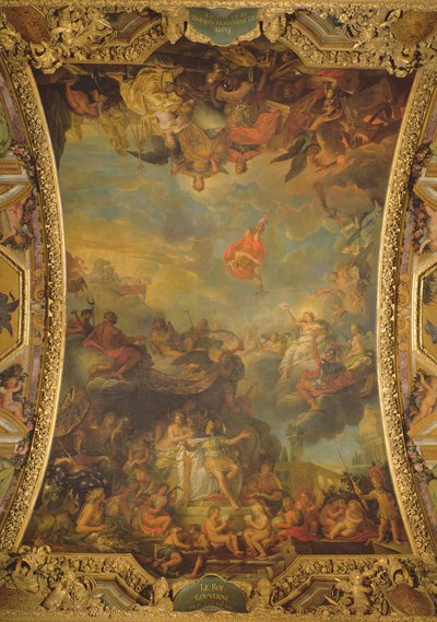 Vue du roi Louis XIV gouvernant seul en 1661 et les puissances voisines prospères de la France, peinture de plafond de la Galerie des Glaces - Charles Le Brun